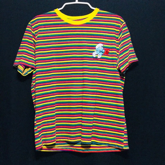 red yellow green striped shirt